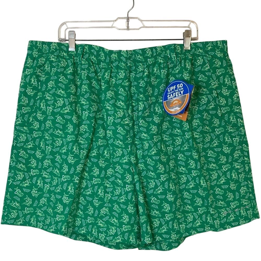 Columbia PFG Swim Trunks Mens Size XXL Green Fish Print Elastic Waist‎ UPF 50